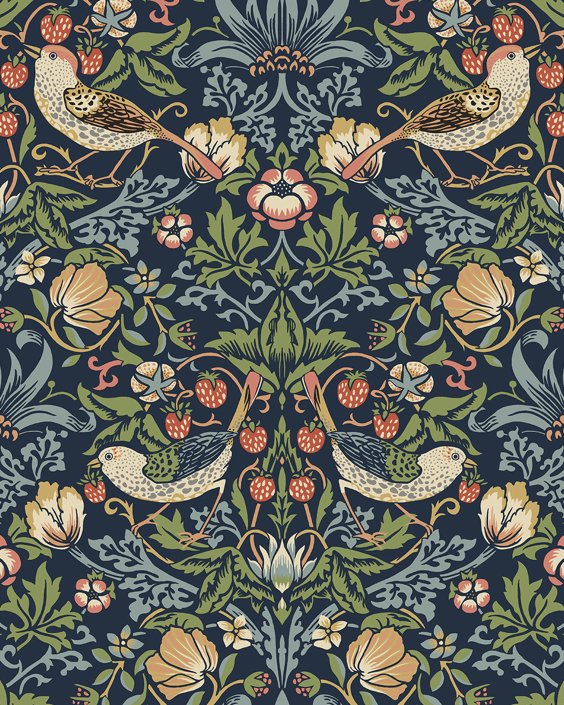 Fragaria Garden wallpaper in midnight blue with vintage birds, strawberries and floral motifs