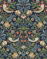 Fragaria Garden wallpaper in midnight blue with vintage birds, strawberries and floral motifs