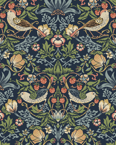 Fragaria Garden wallpaper in midnight blue with vintage birds, strawberries and floral motifs
