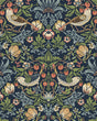 Fragaria Garden wallpaper in midnight blue with vintage birds, strawberries and floral motifs