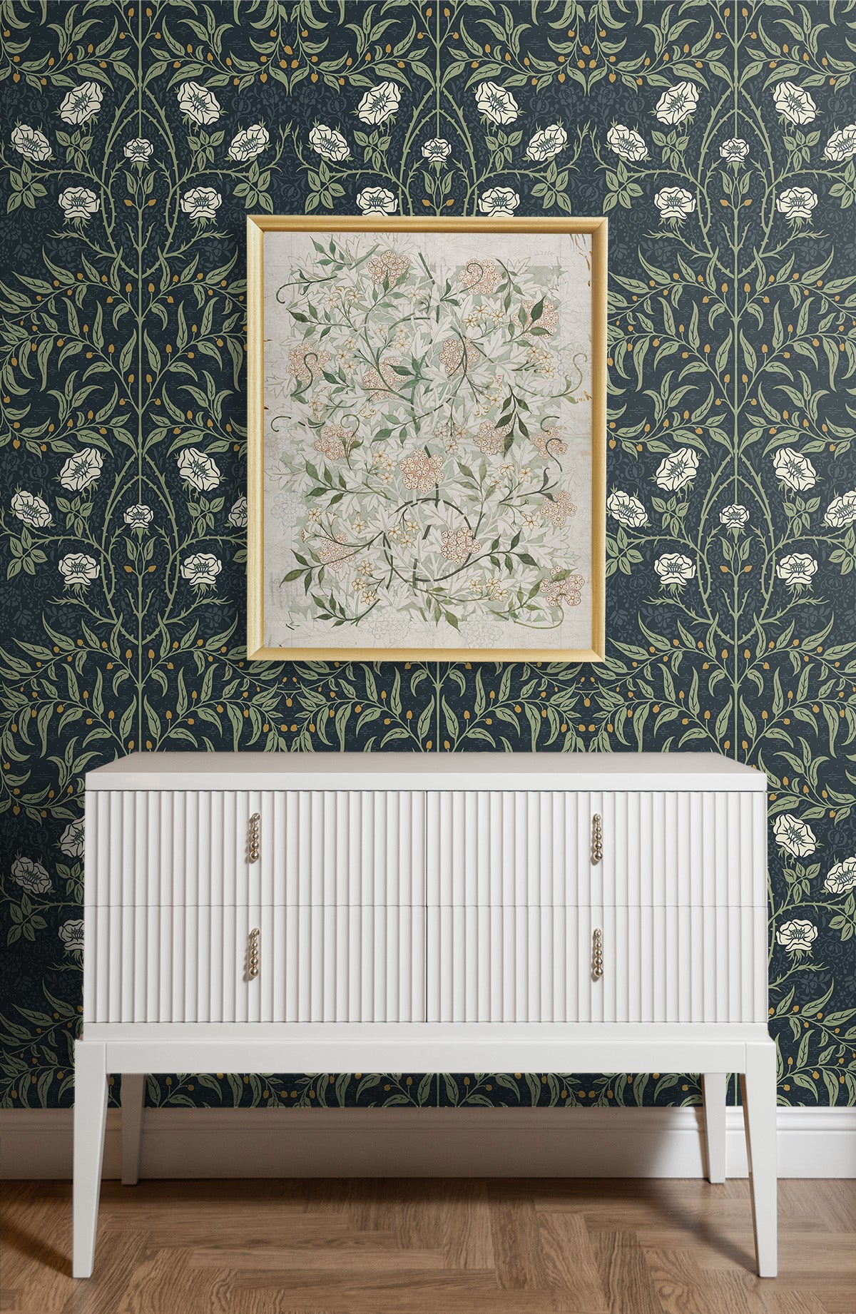 Stenciled Floral Navy & Sage by Prepasted Online Vintage Floral Wallpaper – Seabrook Designs PR10202