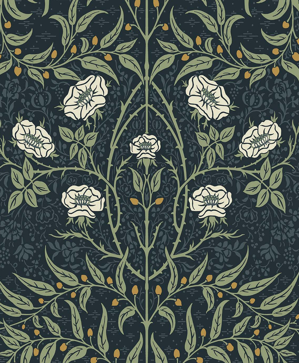 Vintage stenciled floral wallpaper in navy and sage with cream blossoms