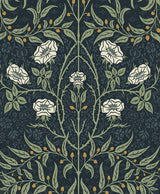 Vintage stenciled floral wallpaper in navy and sage with cream blossoms