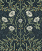 Vintage stenciled floral wallpaper in navy and sage with cream blossoms