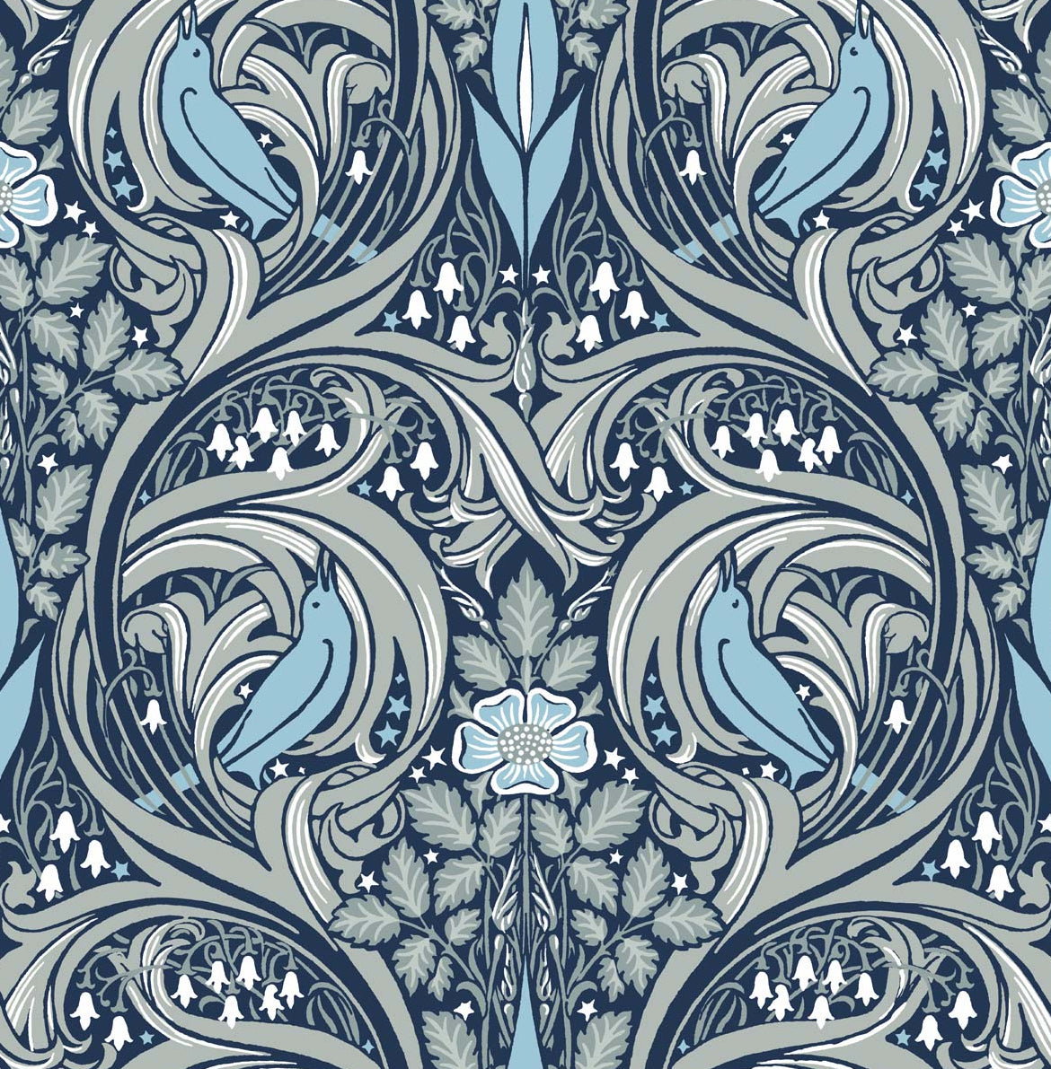 Vintage bird ogee wallpaper pattern in navy and sky blue with stylized foliage, matte finish.