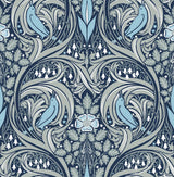 Vintage bird ogee wallpaper pattern in navy and sky blue with stylized foliage, matte finish.
