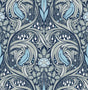 Vintage bird ogee wallpaper pattern in navy and sky blue with stylized foliage, matte finish.
