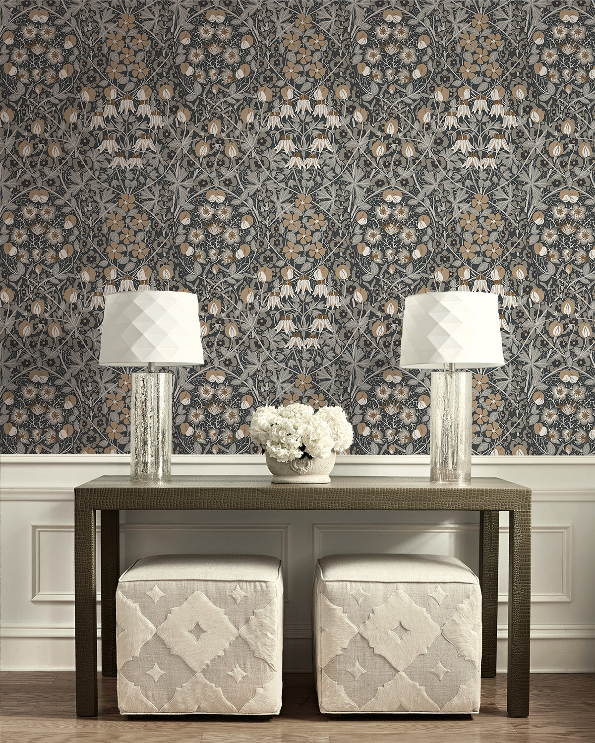 Tulip Garden Wrought Iron & Chamois by Prepasted Online Vintage Floral Wallpaper – Seabrook Designs PR10405