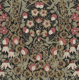 Tulip Garden vintage floral wallpaper in ebony and red clay with tulip blossoms and vines