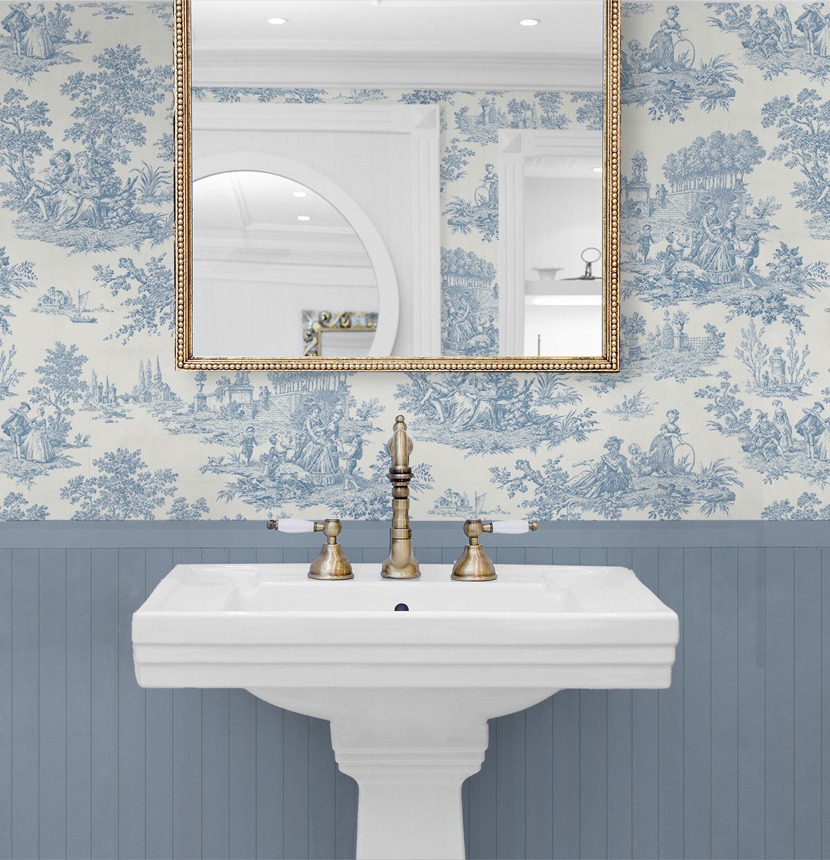 Chateau Toile Blue Bell by Prepasted Online Prepasted Toile Wallpaper – Seabrook Designs PR10602