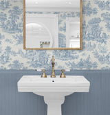 Chateau Toile Blue Bell by Prepasted Online Prepasted Toile Wallpaper – Seabrook Designs PR10602