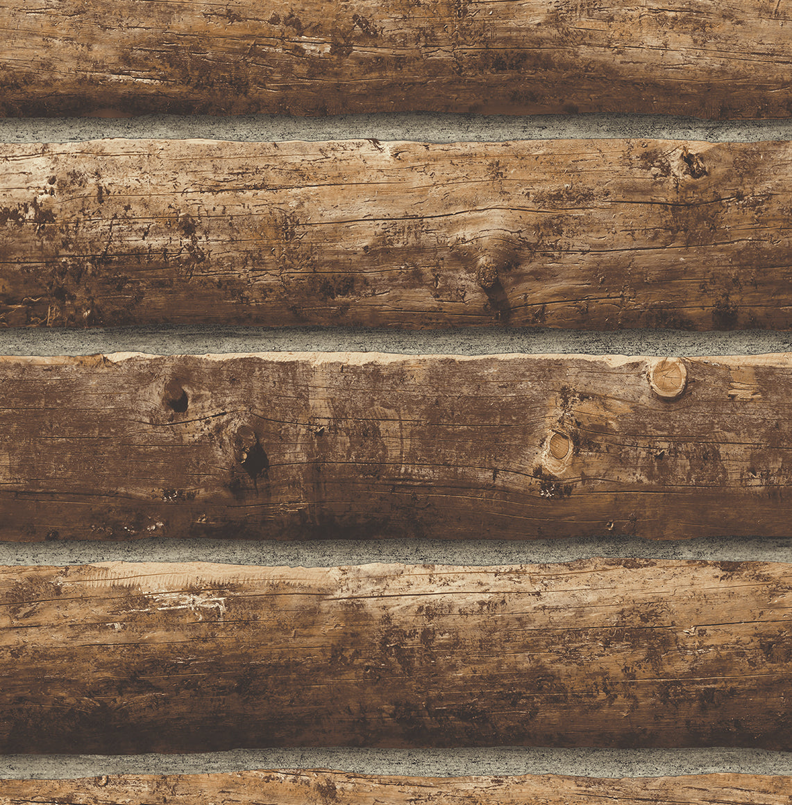 Walnut faux log cabin log wall wallpaper with realistic wood texture