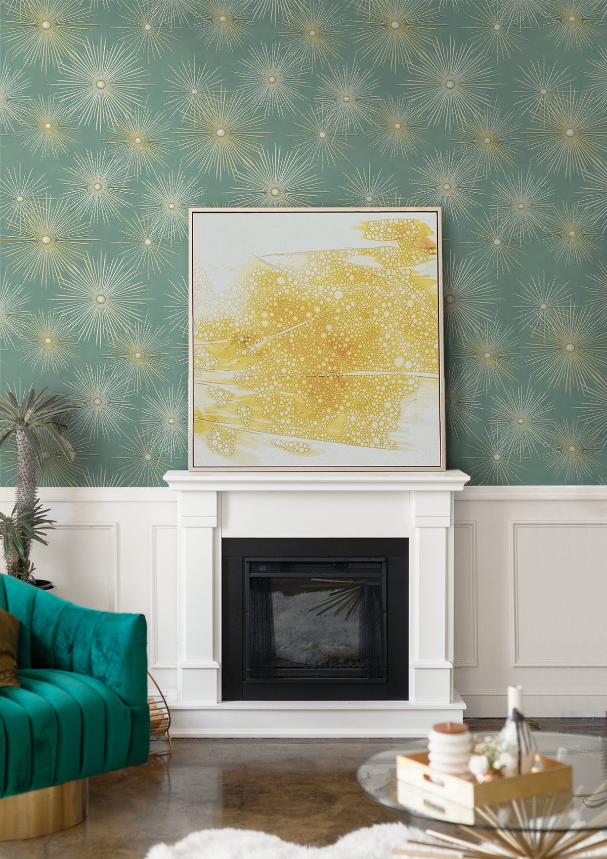 Starburst Geo Teal & Gold by Prepasted Online Metallic Geometric Wallpaper – Seabrook Designs PR11004