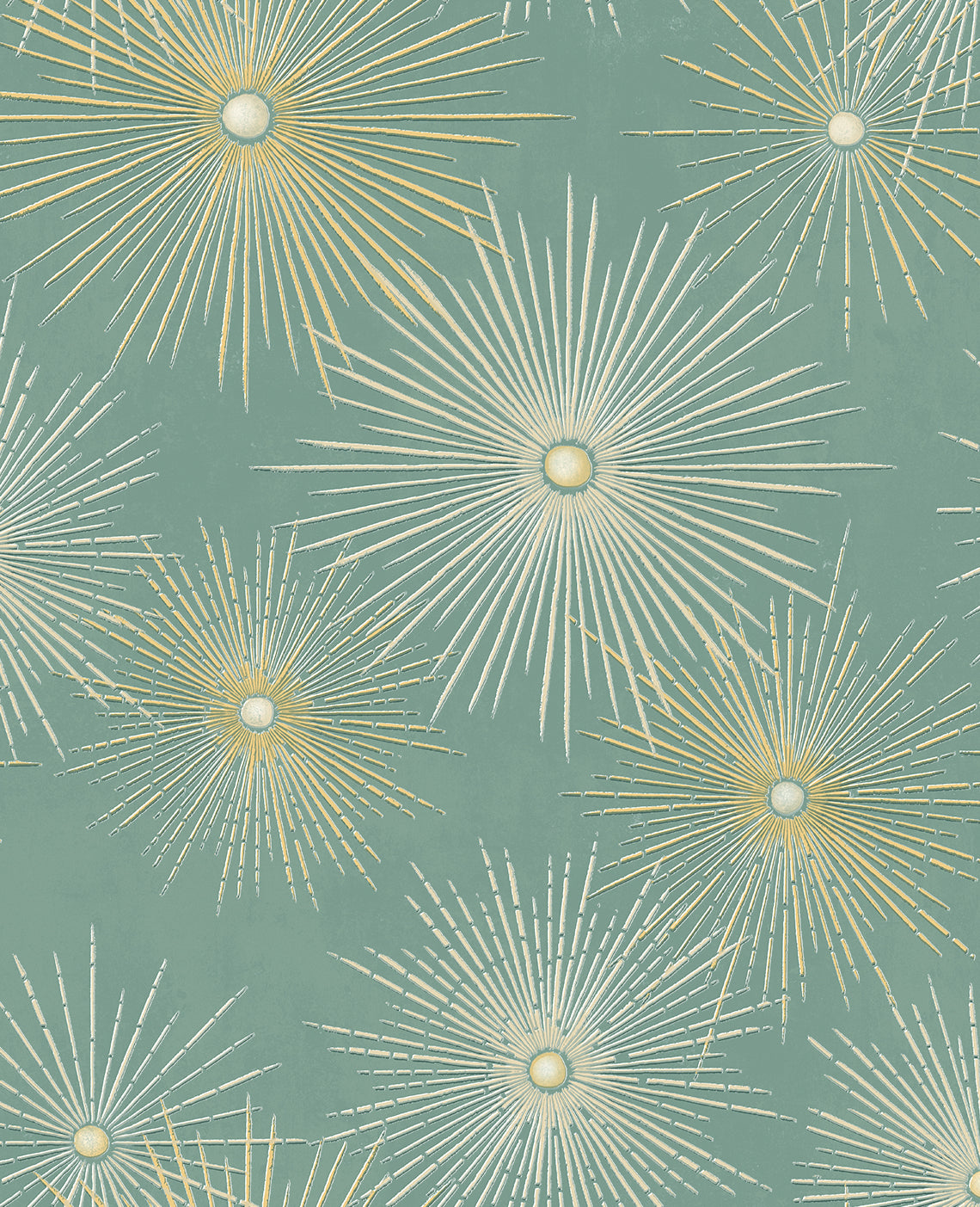 Teal wallpaper with metallic gold starburst geometric pattern