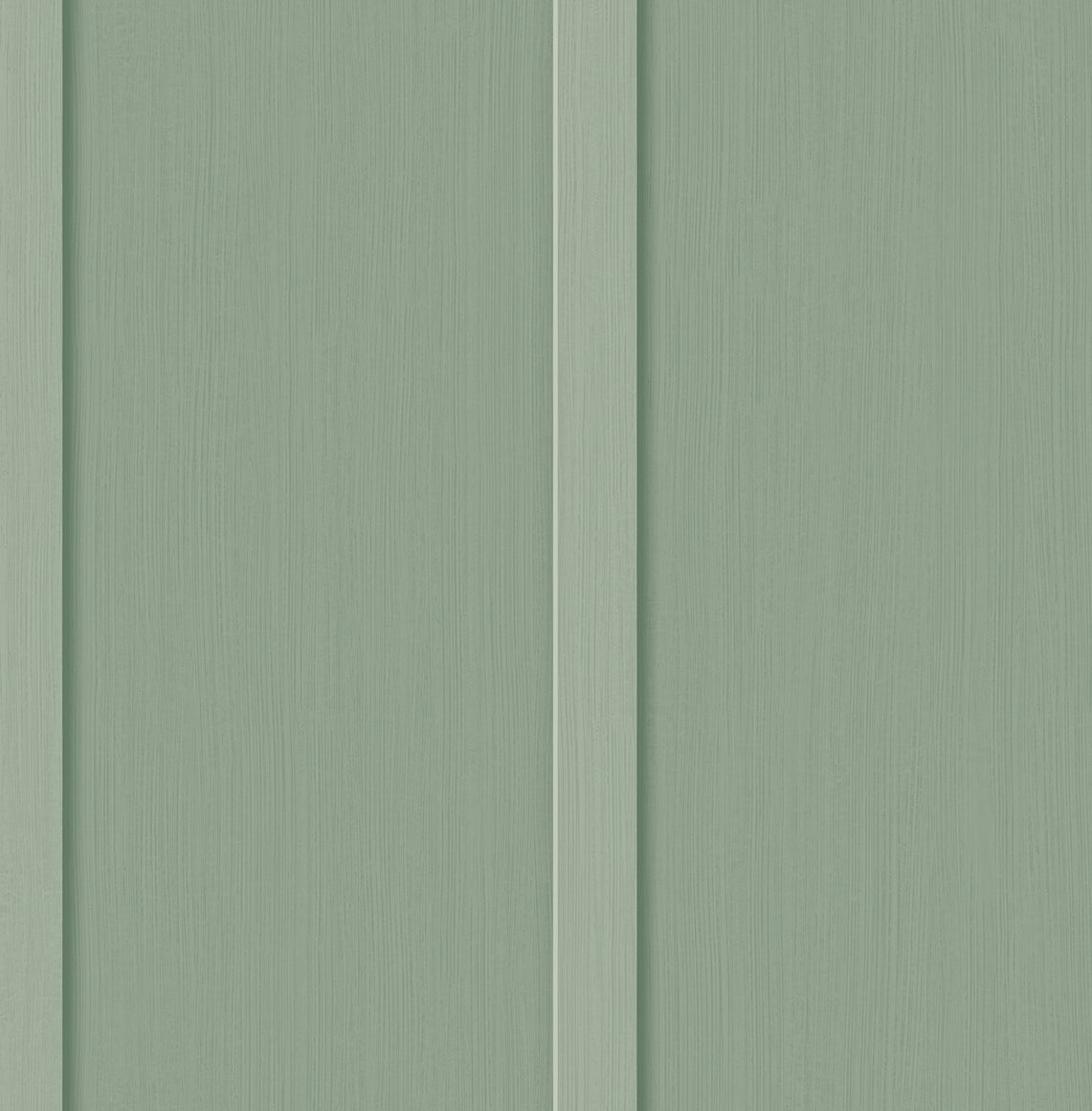 Sage green faux board and batten wallpaper with vertical panel detailing and matte finish.