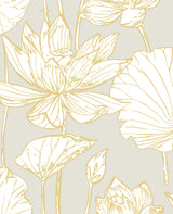 Lotus Floral grey and gold metallic prepasted wallpaper with large lotus blooms