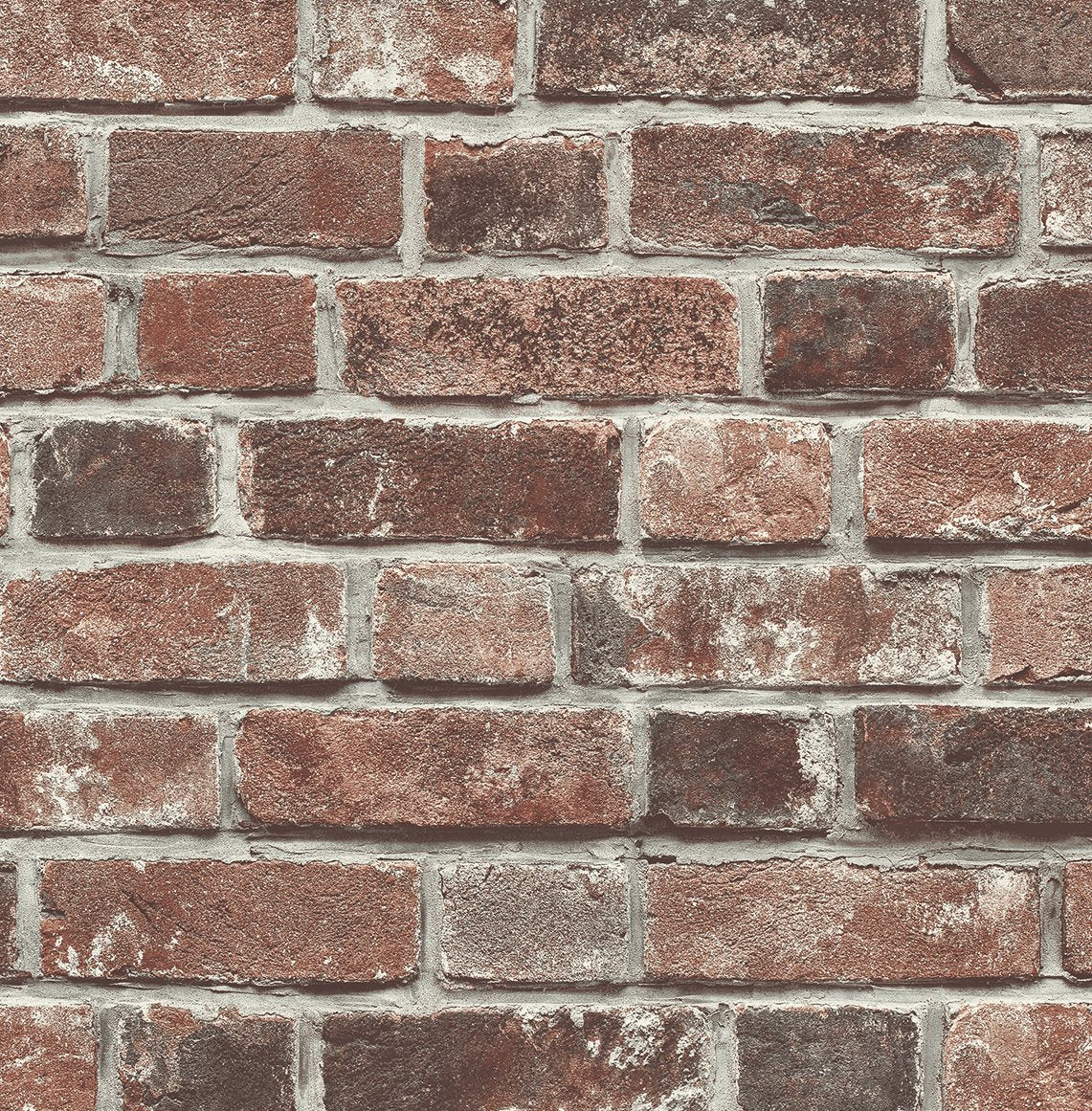 Faux red brick wallpaper in red and charcoal tones with light mortar lines