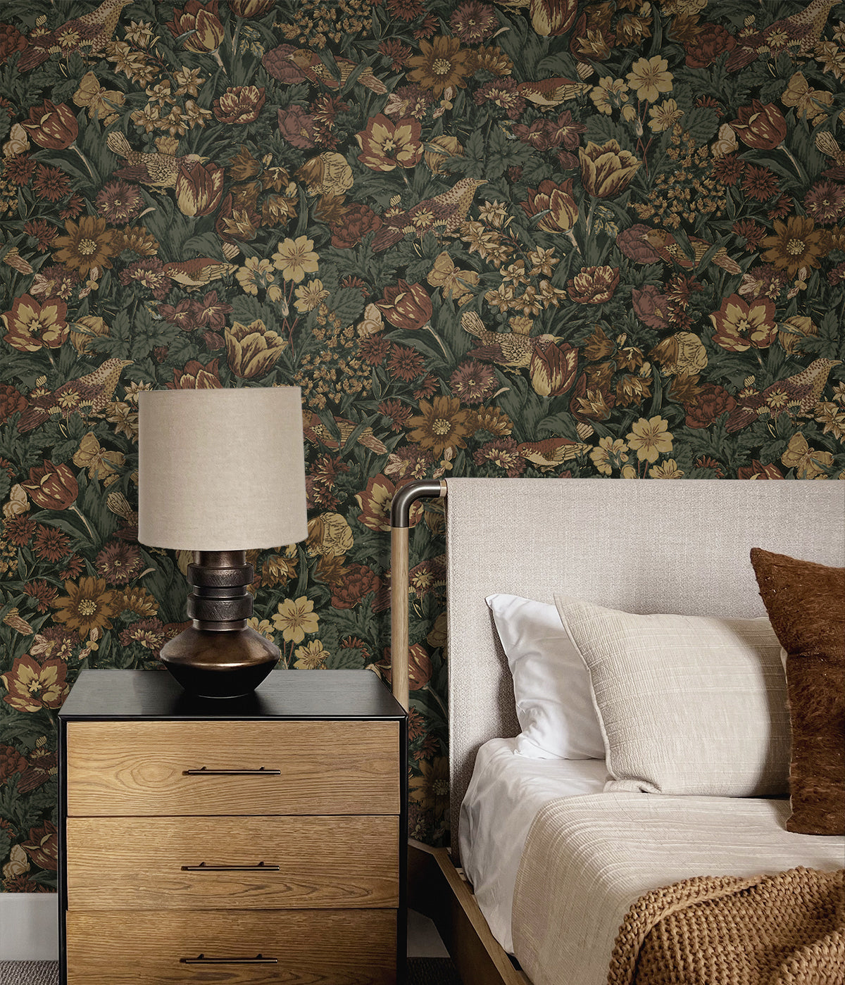 Bird Floral Mahogany & Graphite by Prepasted Online Vintage Botanical Wallpaper – Seabrook Designs PR11708