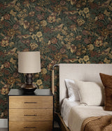 Bird Floral Mahogany & Graphite by Prepasted Online Vintage Botanical Wallpaper – Seabrook Designs PR11708