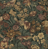 Vintage botanical wallpaper with birds and dense floral pattern in mahogany, gold, and graphite tones