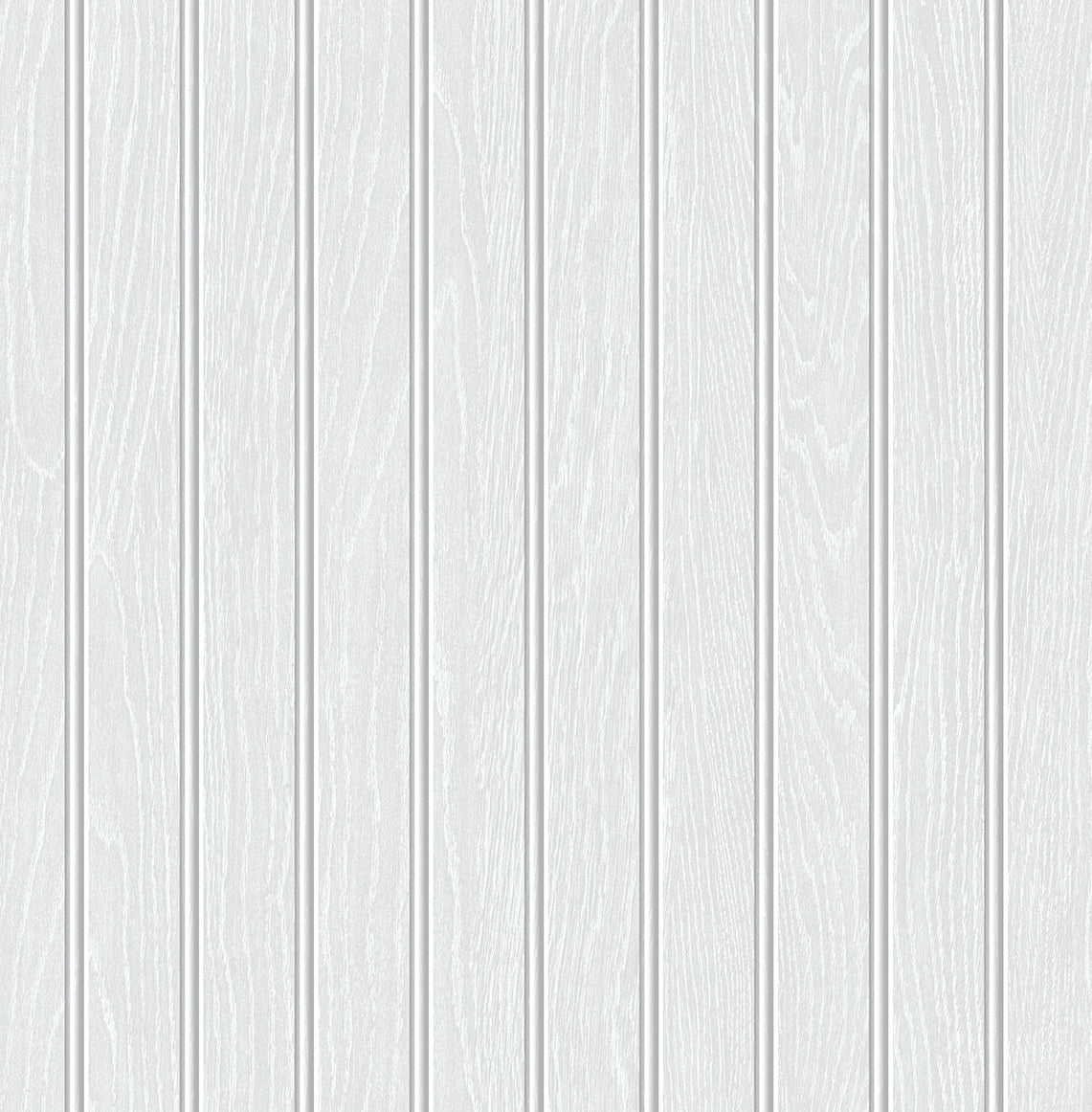 Pearl grey faux beadboard wallpaper with vertical panels and subtle woodgrain texture