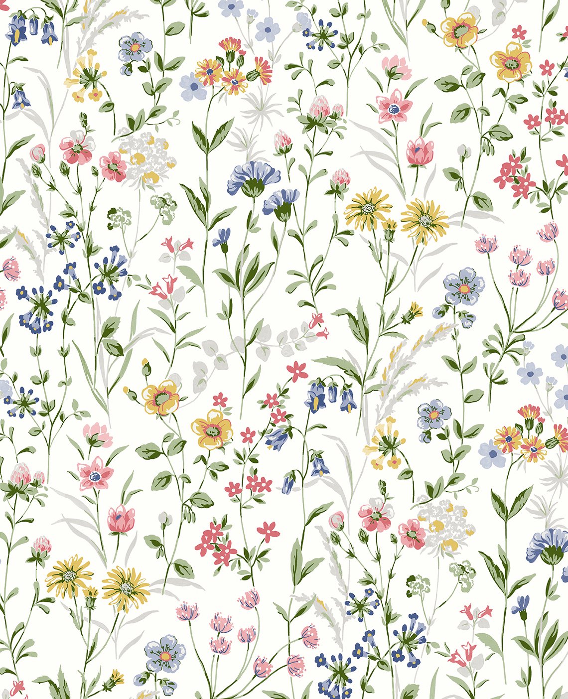 Wildflowers floral wallpaper in multicolor on an off-white background