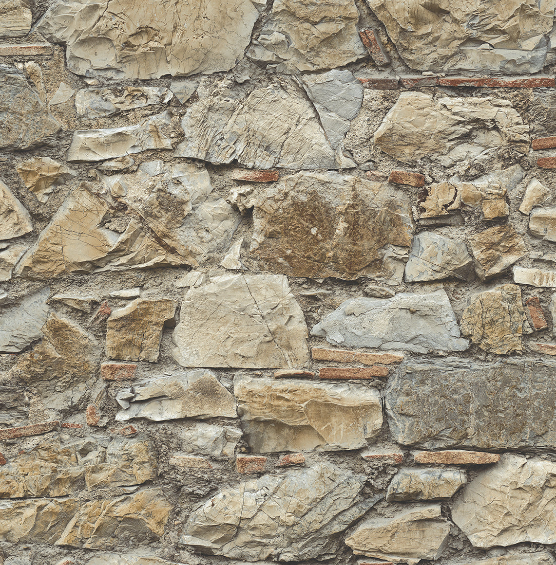 Toffee and ivory faux stone wall wallpaper with realistic stacked stone texture