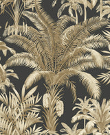 Taupe and beige palm frond botanical wallpaper on a dark background