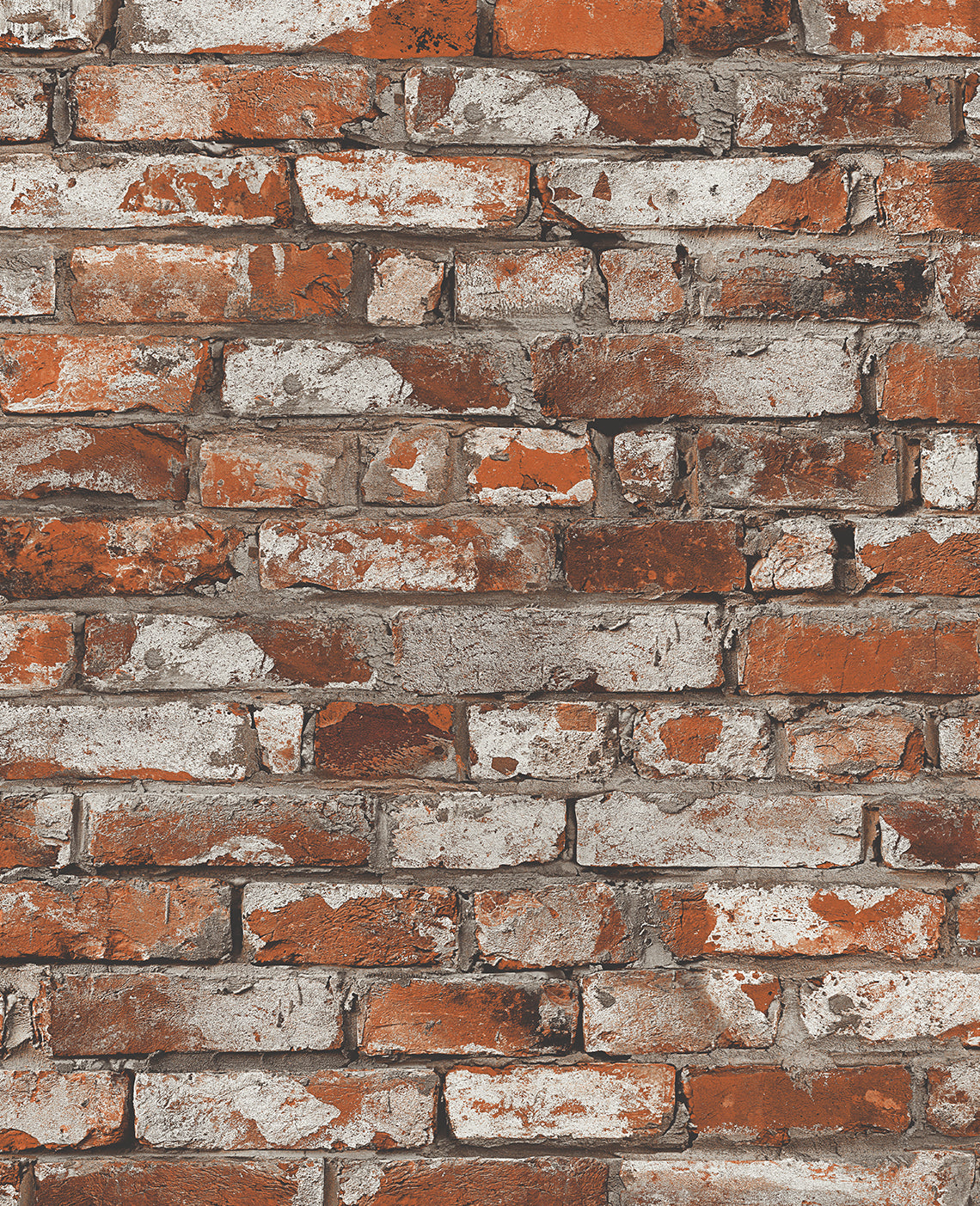 Spiced ginger faux brick wallpaper with distressed red-orange bricks and gray mortar
