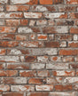 Spiced ginger faux brick wallpaper with distressed red-orange bricks and gray mortar