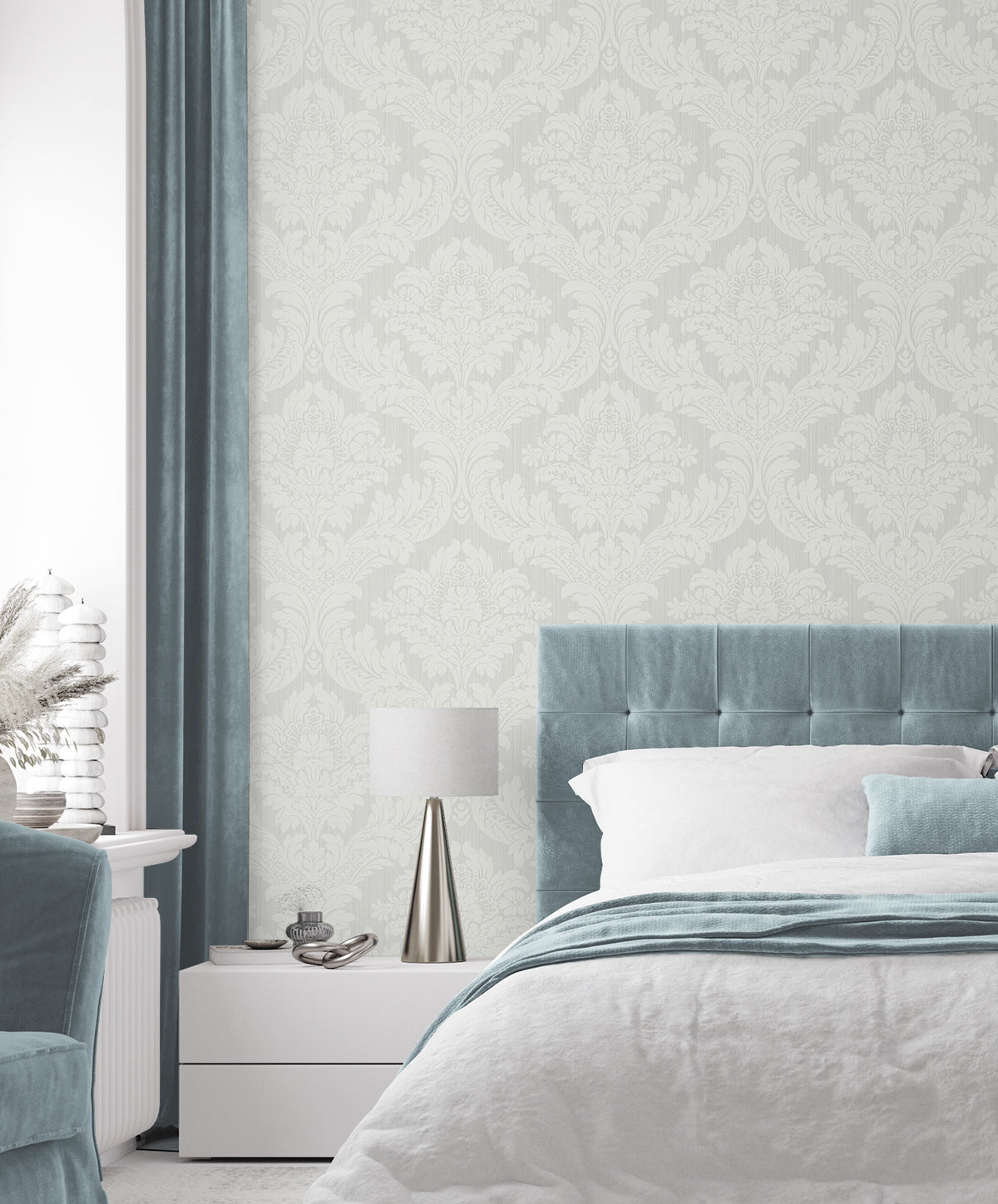 Genevieve Damask Morning Mist by Prepasted Online Traditional Damask Wallpaper – Seabrook Designs PR12408