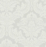Genevieve Damask wallpaper in Morning Mist (grey damask pattern), prepasted matte finish by Seabrook Designs.
