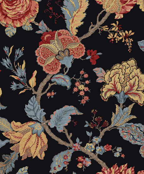 Lana Jacobean ebony traditional floral wallpaper pattern by Seabrook Designs