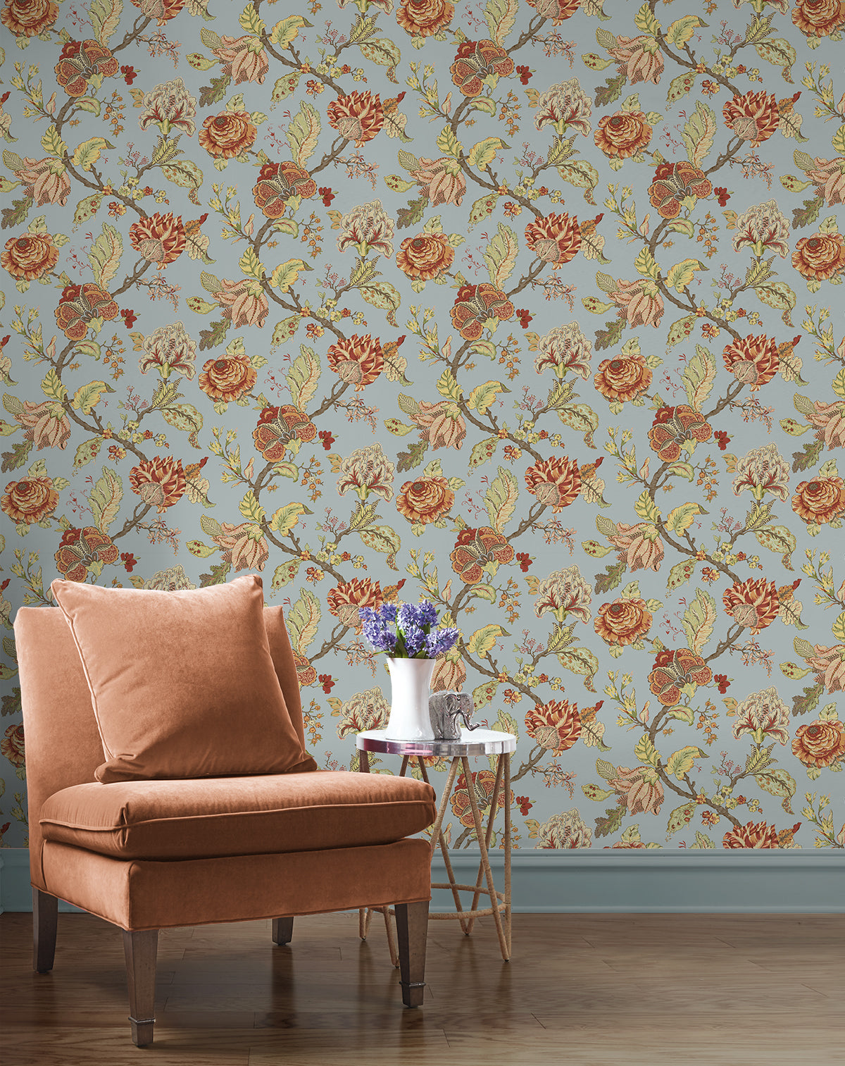 Lana Jacobean Blue Dusk by Prepasted Online Traditional Floral Wallpaper – Seabrook Designs PR12502