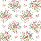 Floral Bouquet wallpaper in Watermelon & Buttercup featuring scattered watercolor floral bouquets in pink, yellow and green on a white ground.