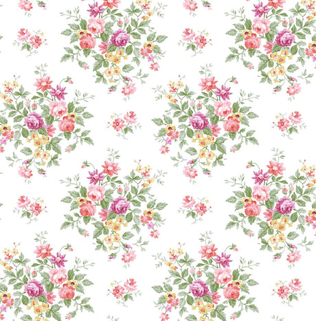 Floral Bouquet wallpaper in Watermelon & Buttercup featuring scattered watercolor floral bouquets in pink, yellow and green on a white ground.