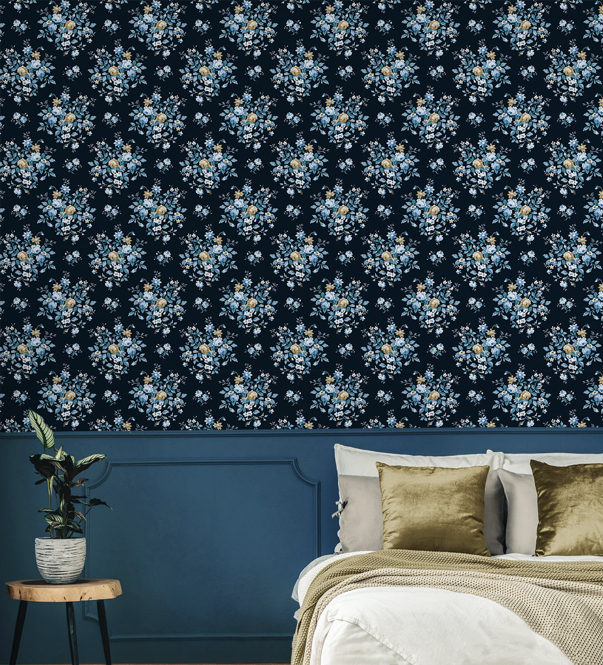 Floral Bouquet Midnight Blue & Toffee by Prepasted Online Prepasted Floral Wallpaper – Seabrook Designs PR12602