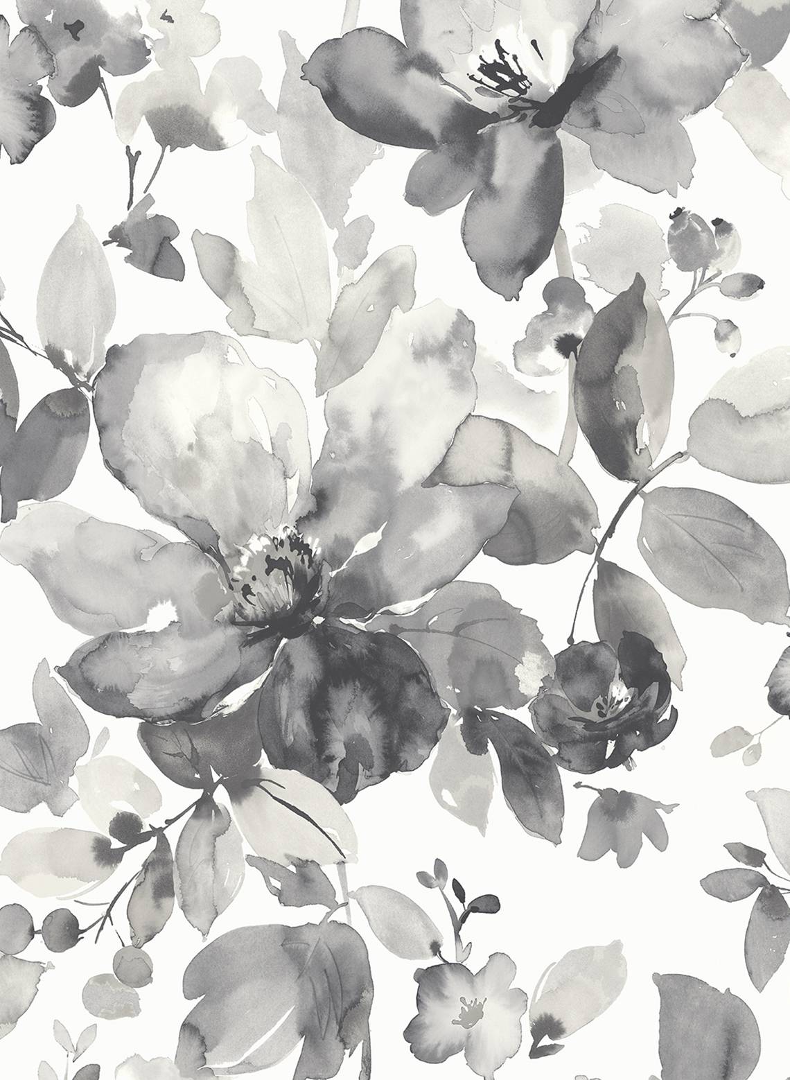 Gray watercolor floral wallpaper pattern in the Inkwell colorway