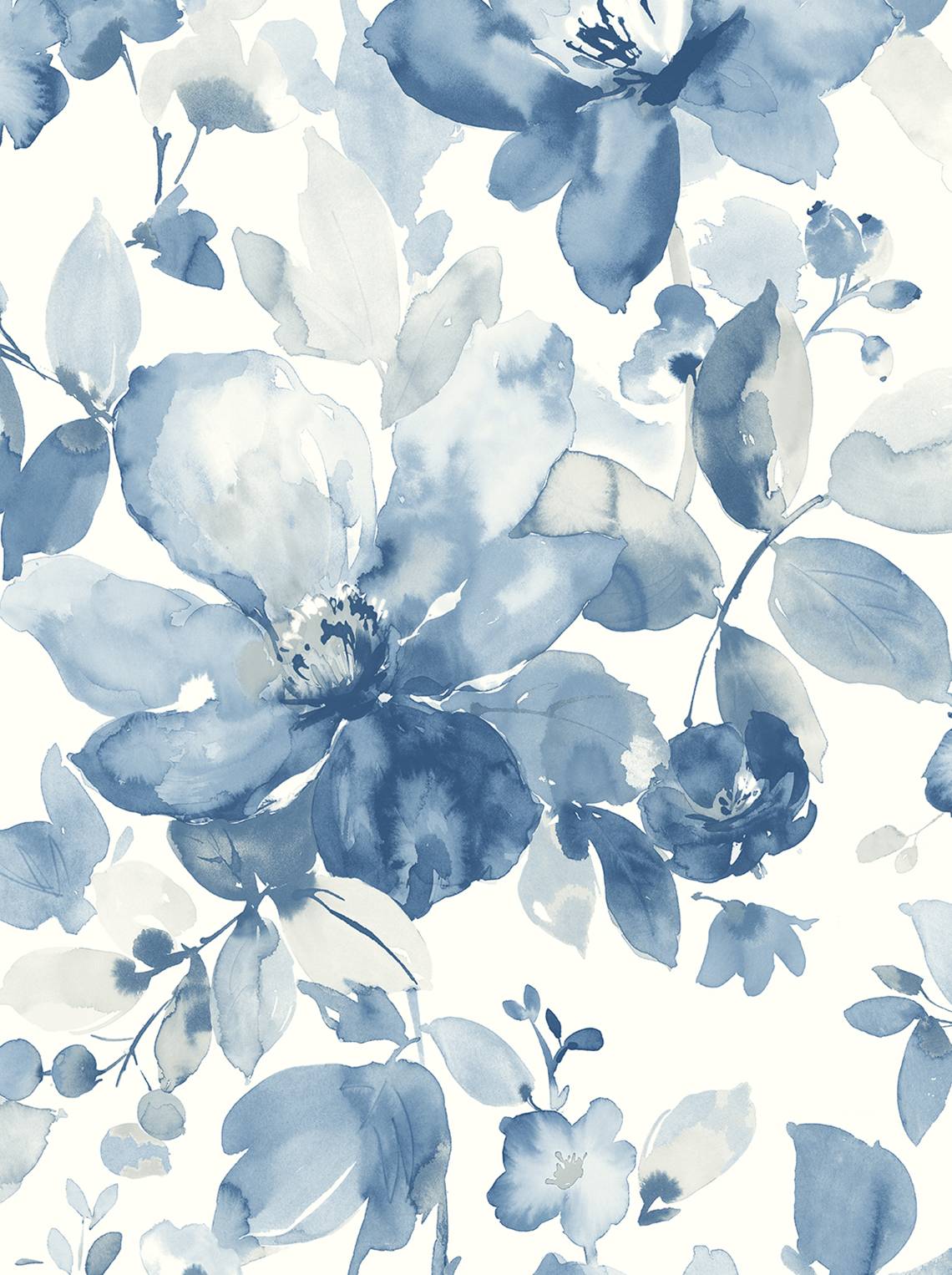 Watercolor Garden wallpaper in Bluestone featuring large-scale watercolor floral motifs in layered blue tones on a light background.