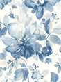 Watercolor Garden wallpaper in Bluestone featuring large-scale watercolor floral motifs in layered blue tones on a light background.