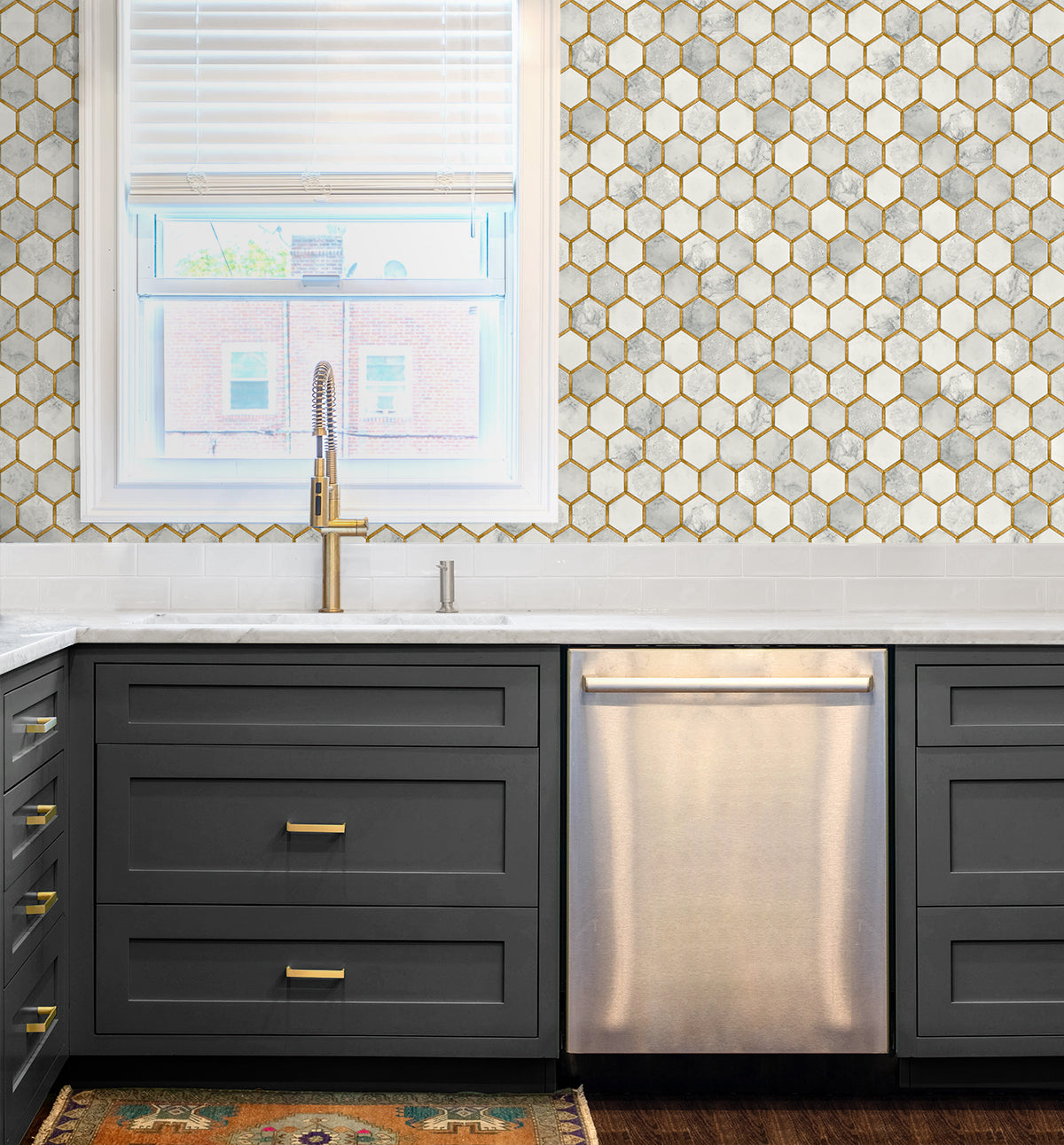 Faux Hex Tile Alaska Grey & Metallic Gold by Prepasted Online Hex Tile Wallpaper – Seabrook Designs PR12905
