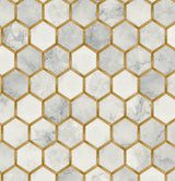 Faux hex tile wallpaper pattern in Alaska grey with metallic gold grout lines
