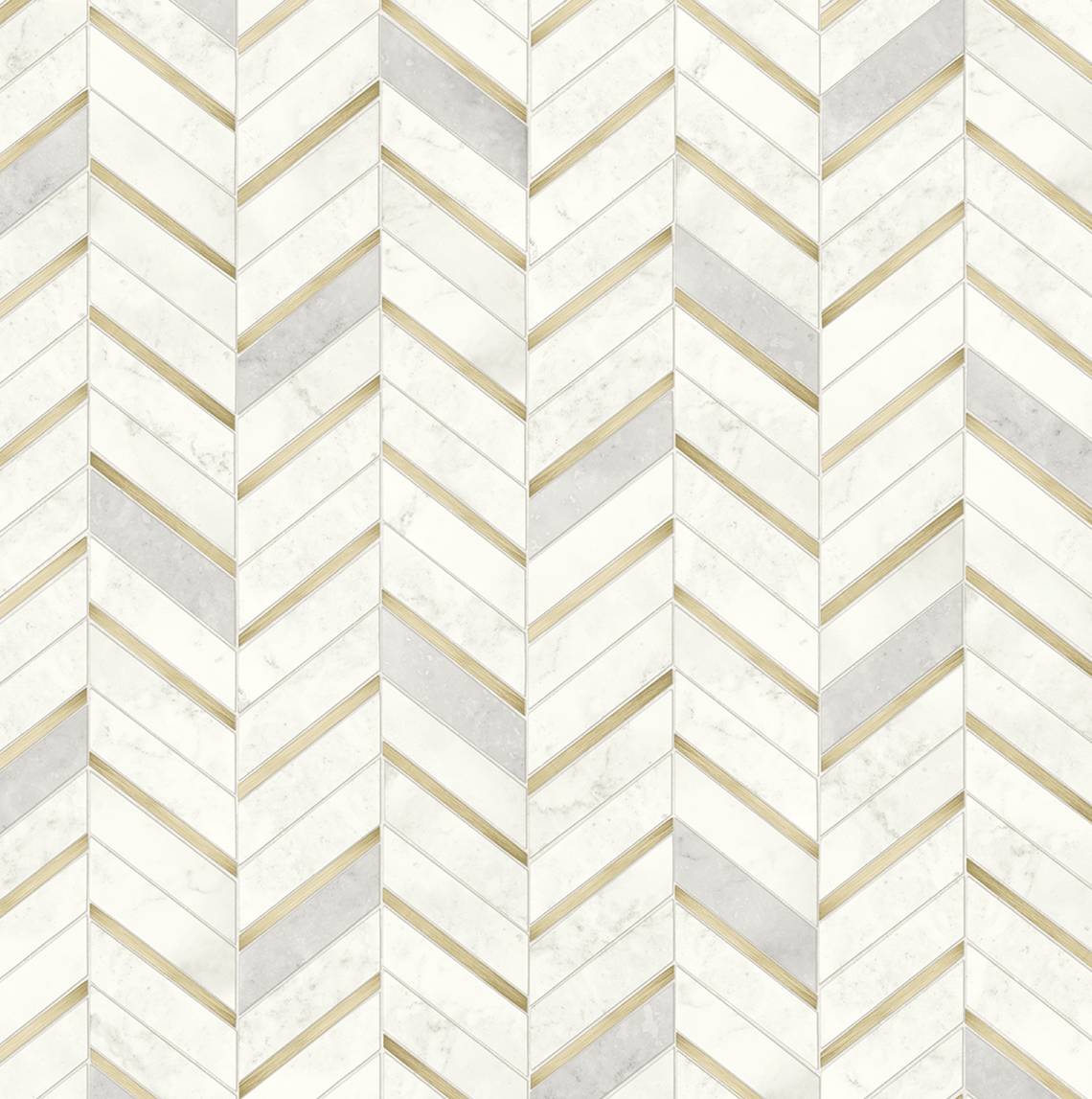 Chevron faux tile wallpaper in pearl grey and white with metallic gold accents.