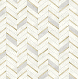 Chevron faux tile wallpaper in pearl grey and white with metallic gold accents.
