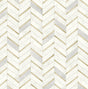 Chevron faux tile wallpaper in pearl grey and white with metallic gold accents.