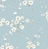 Sky blue floral wallpaper with white blossoming branches and delicate buds
