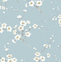Sky blue floral wallpaper with white blossoming branches and delicate buds
