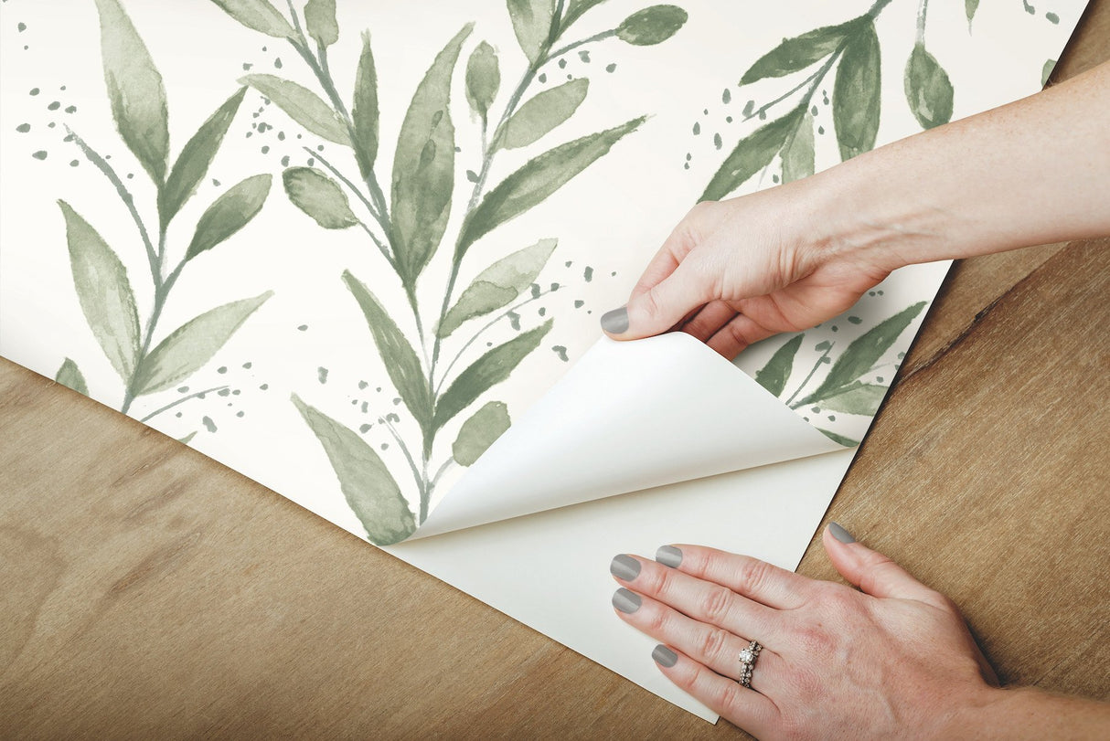 Olive Branch Olive Grove Peel & Stick Wallpaper with Botanical Watercolor Leaf Pattern - York PSW1001RL