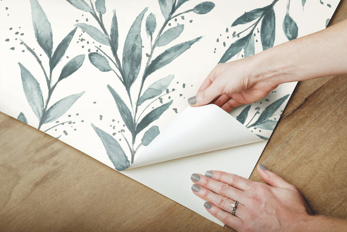 Olive Branch Teal Peel & Stick Wallpaper with Botanical Farmhouse Style - York PSW1002RL