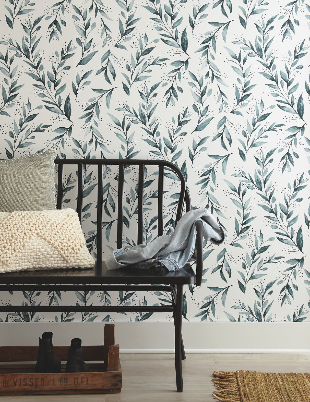 Olive Branch Teal Peel & Stick Wallpaper with Botanical Farmhouse Style - York PSW1002RL